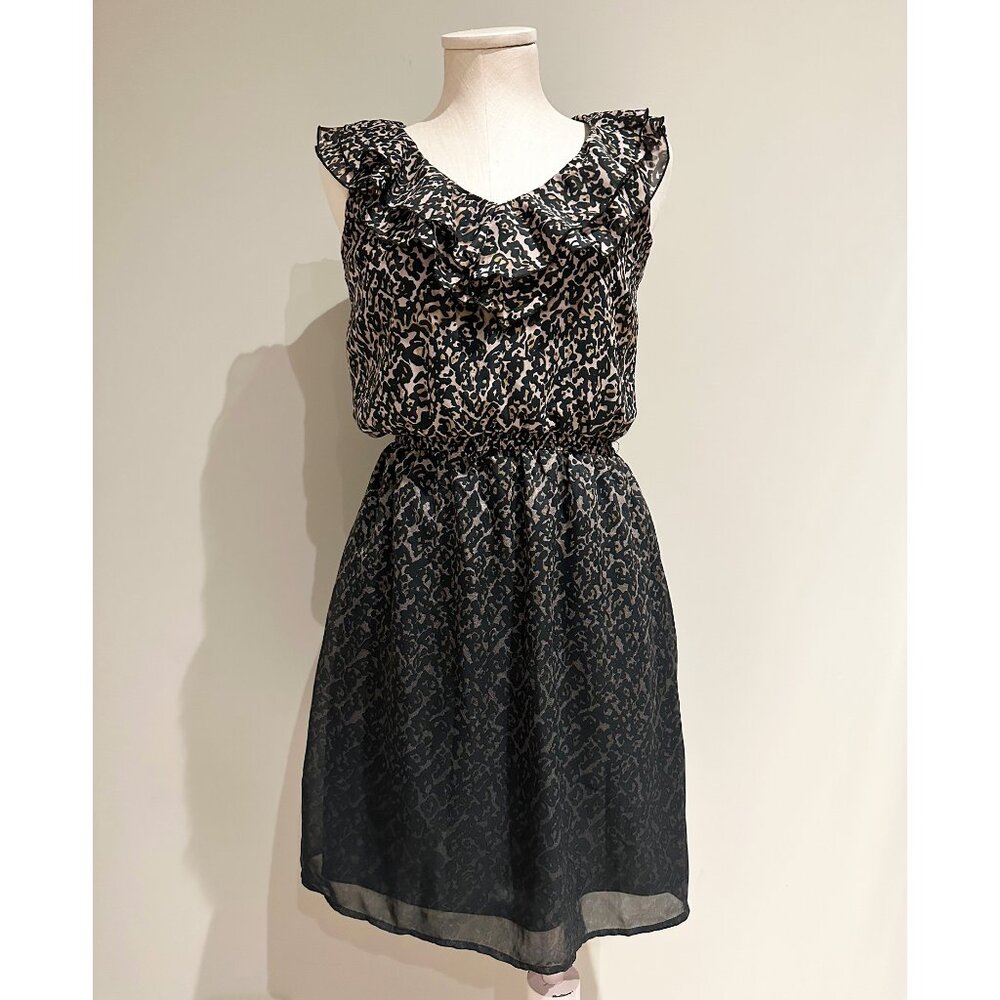 Leopard Print Dress Womens Size XS Ruffle Neckline Elastic Waist